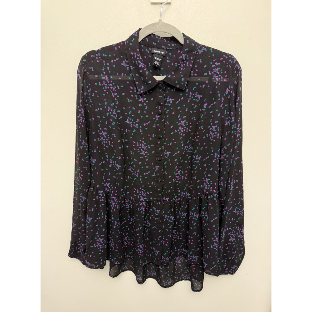 Torrid Top Women's Large Black Polka Dot‎ Peplum Button Front Blouse Semi-Sheer